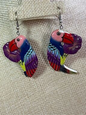 Hand-Painted Colorful Parrot Bird Earrings - Pink, Purple, Blue